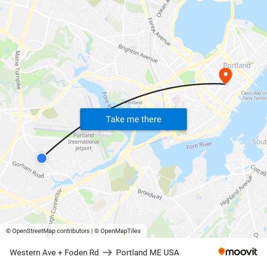 Western Ave + Foden Rd to Portland ME USA map