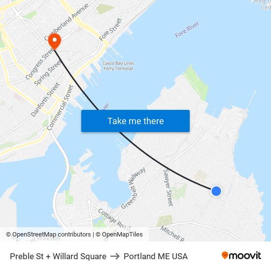 Preble St + Willard Square to Portland ME USA map