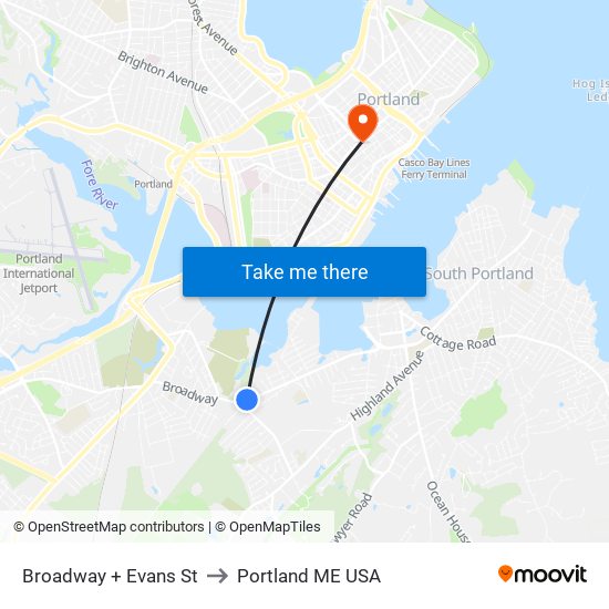Broadway + Evans St to Portland ME USA map
