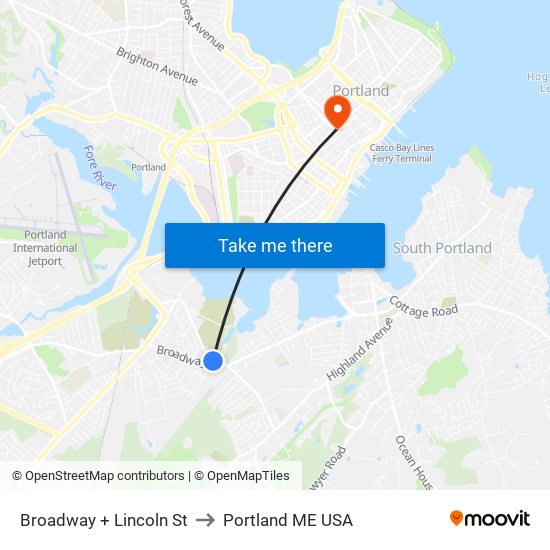 Broadway + Lincoln St to Portland ME USA map