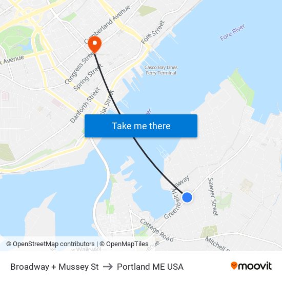 Broadway + Mussey St to Portland ME USA map