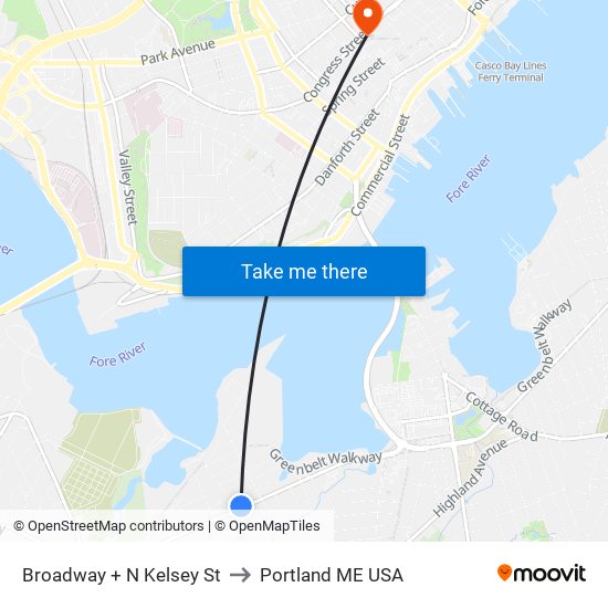 Broadway + N Kelsey St to Portland ME USA map