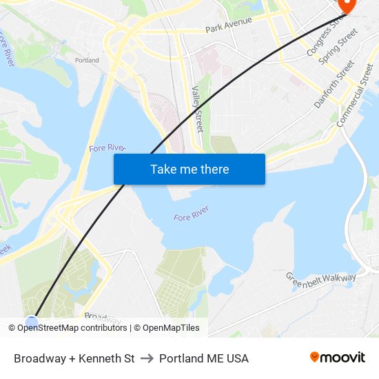 Broadway + Kenneth St to Portland ME USA map