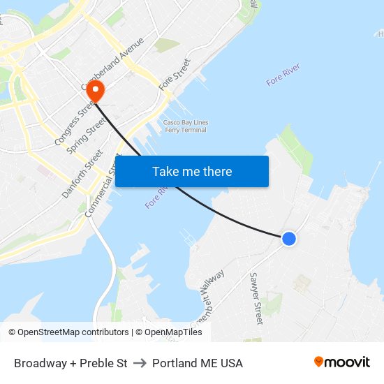 Broadway + Preble St to Portland ME USA map