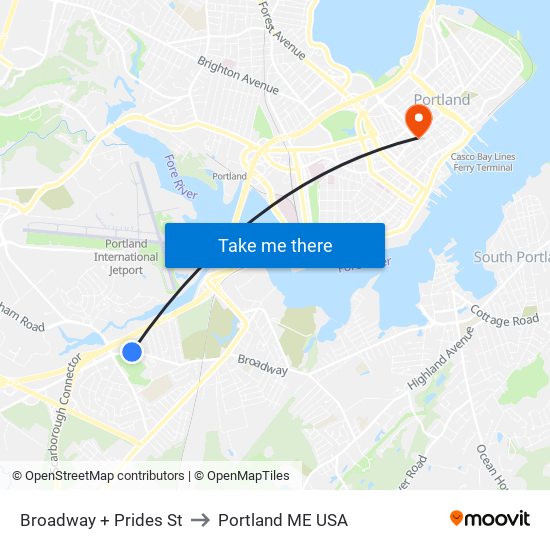 Broadway + Prides St to Portland ME USA map