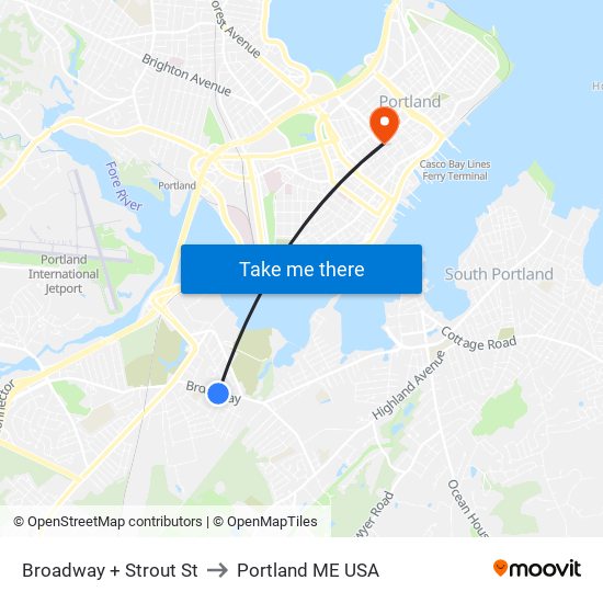 Broadway + Strout St to Portland ME USA map