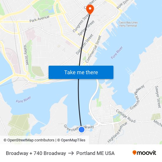 Broadway  + 740 Broadway to Portland ME USA map