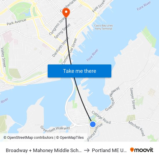 Broadway + Mahoney Middle School to Portland ME USA map