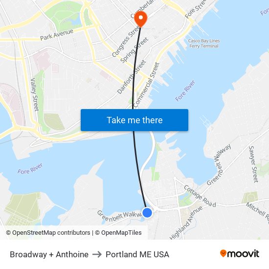 Broadway + Anthoine to Portland ME USA map