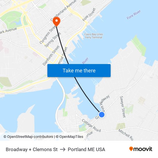 Broadway + Clemons St to Portland ME USA map