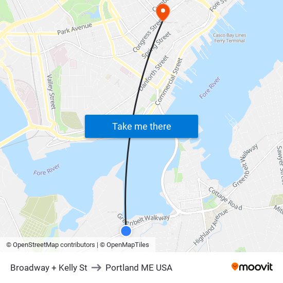 Broadway + Kelly St to Portland ME USA map