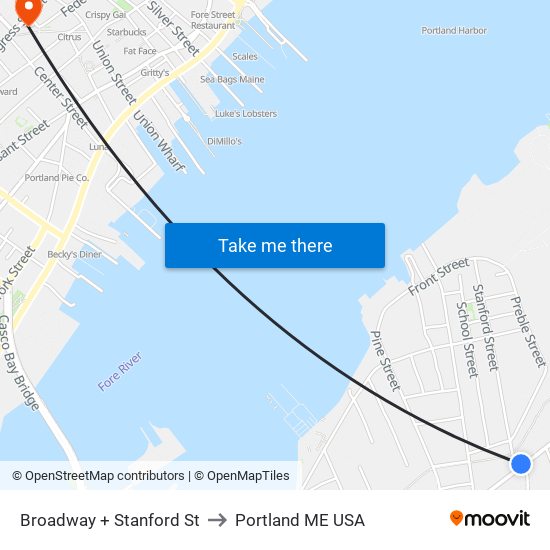 Broadway + Stanford St to Portland ME USA map