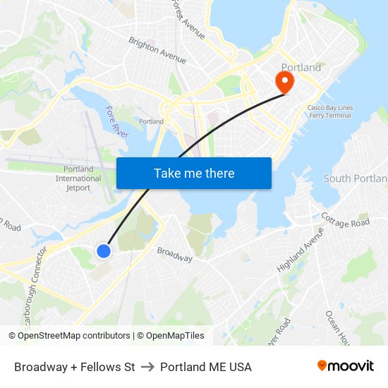 Broadway + Fellows St to Portland ME USA map