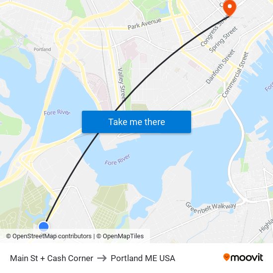 Main St + Cash Corner to Portland ME USA map