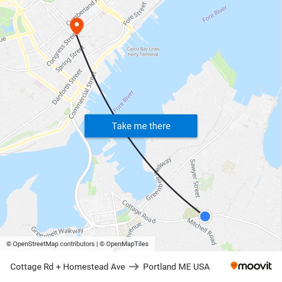 Cottage Rd + Homestead Ave to Portland ME USA map