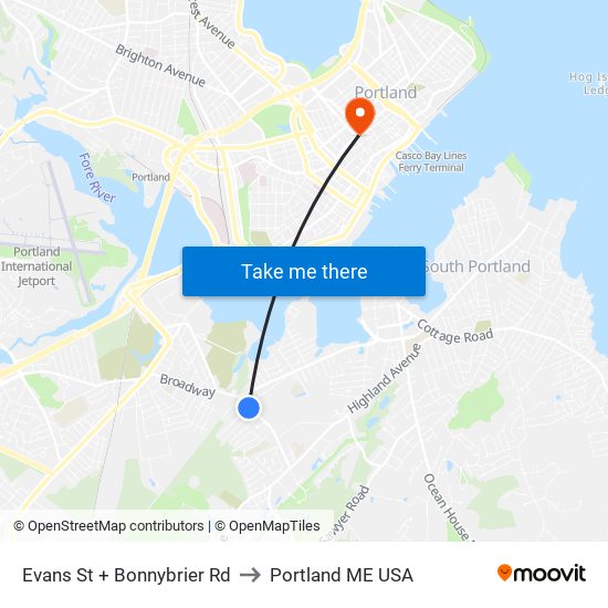 Evans St + Bonnybrier Rd to Portland ME USA map