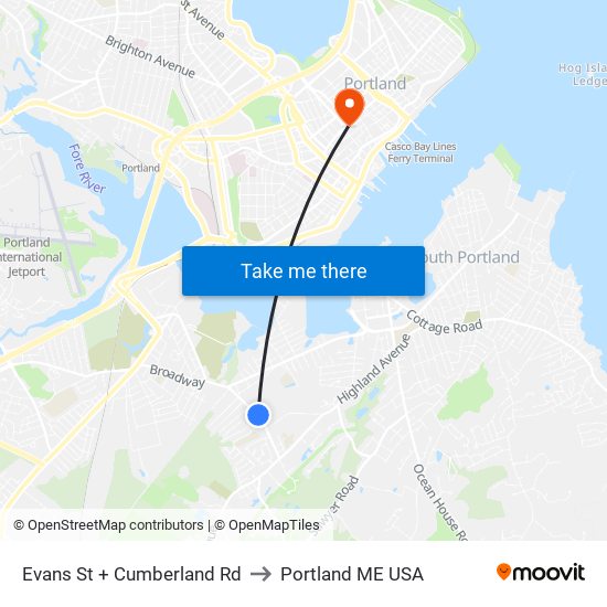 Evans St + Cumberland Rd to Portland ME USA map