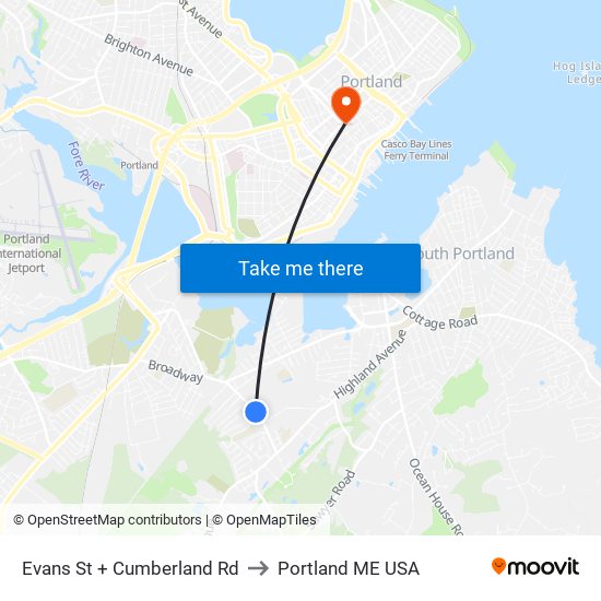 Evans St + Cumberland Rd to Portland ME USA map