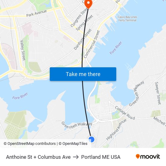 Anthoine St + Columbus Ave to Portland ME USA map