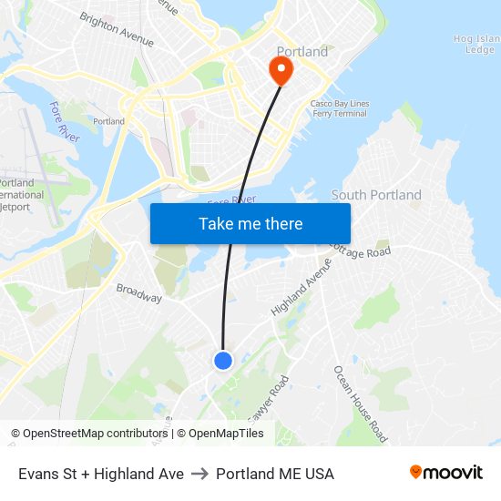 Evans St + Highland Ave to Portland ME USA map