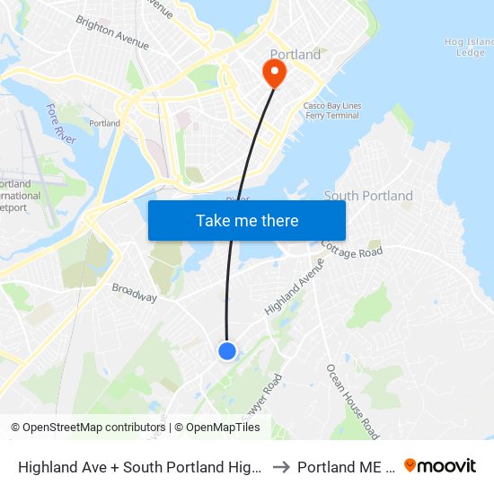 Highland Ave + South Portland High School to Portland ME USA map