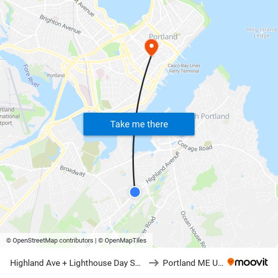 Highland Ave + Lighthouse Day School to Portland ME USA map