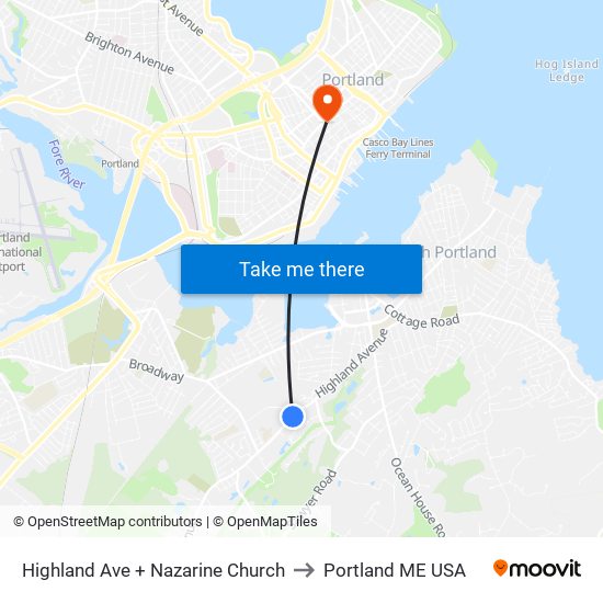 Highland Ave + Nazarine Church to Portland ME USA map