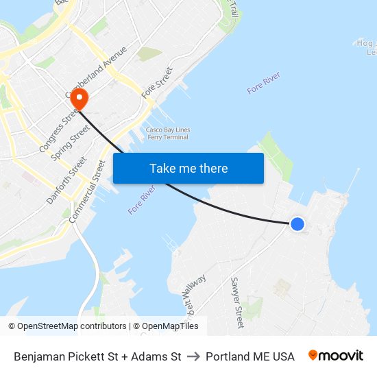 Benjaman Pickett St + Adams St to Portland ME USA map