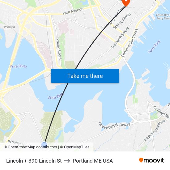 Lincoln + 390 Lincoln St to Portland ME USA map