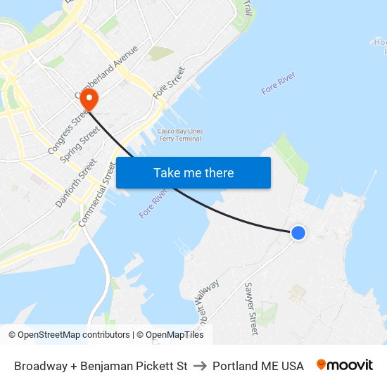 Broadway + Benjaman Pickett St to Portland ME USA map
