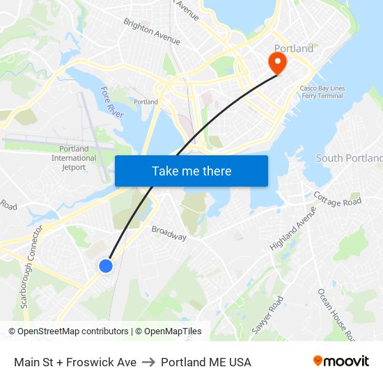 Main St + Froswick Ave to Portland ME USA map