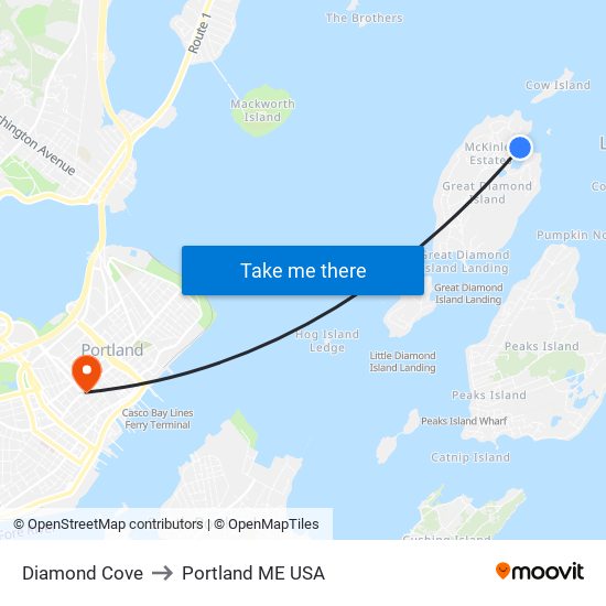 Diamond Cove to Portland ME USA map