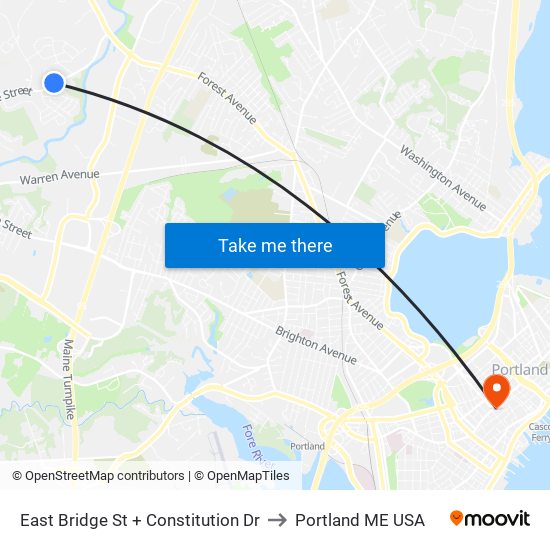 East Bridge St + Constitution Dr to Portland ME USA map