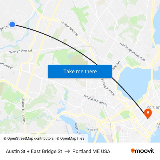 Austin St + East Bridge St to Portland ME USA map