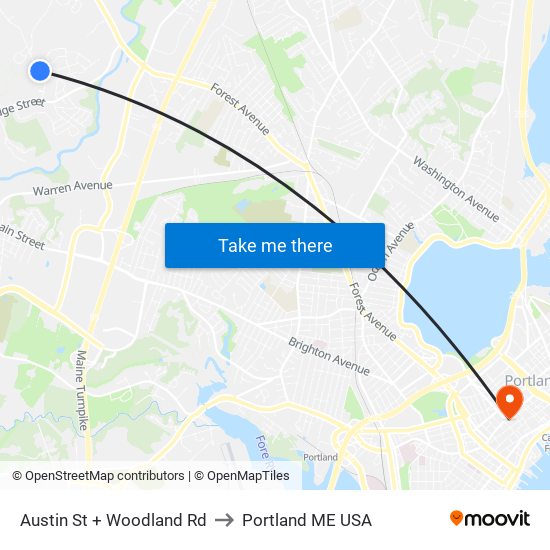 Austin St + Woodland Rd to Portland ME USA map