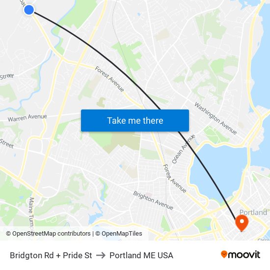 Bridgton Rd + Pride St to Portland ME USA map