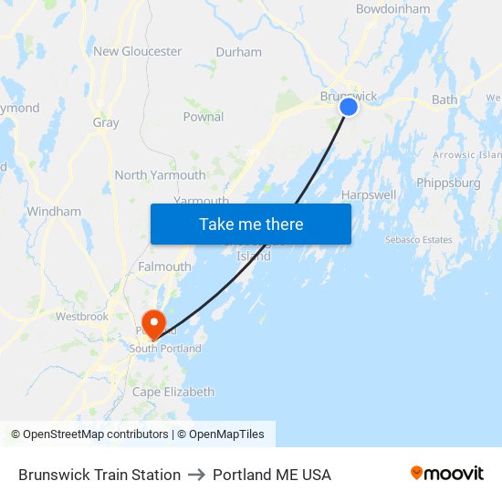 Brunswick Train Station to Portland ME USA map