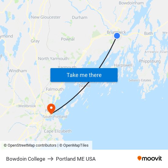 Bowdoin College to Portland ME USA map