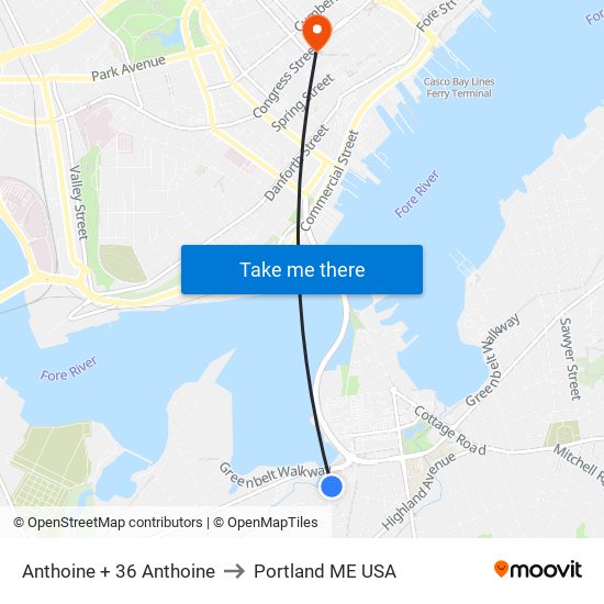 Anthoine + 36 Anthoine to Portland ME USA map