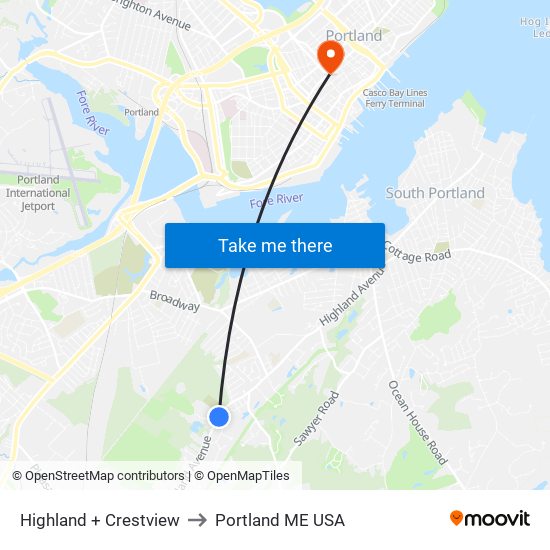 Highland + Crestview to Portland ME USA map