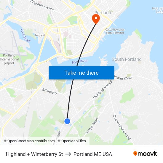 Highland + Winterberry St to Portland ME USA map