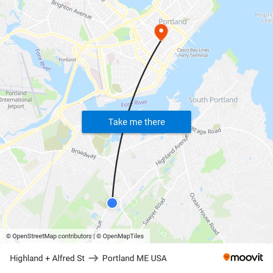 Highland + Alfred St to Portland ME USA map