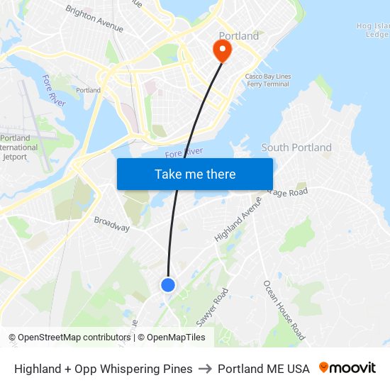 Highland + Opp Whispering Pines to Portland ME USA map