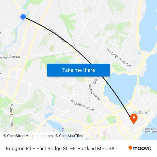 Bridgton Rd + East Bridge St to Portland ME USA map