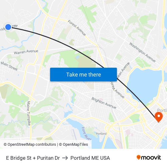 E Bridge St + Puritan Dr to Portland ME USA map