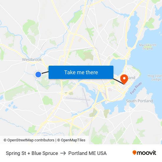 Spring St + Blue Spruce to Portland ME USA map