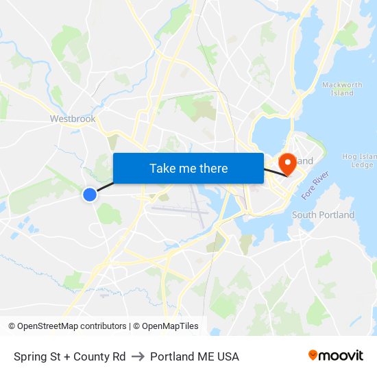 Spring St + County Rd to Portland ME USA map