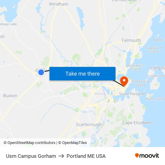 Usm Campus Gorham to Portland ME USA map