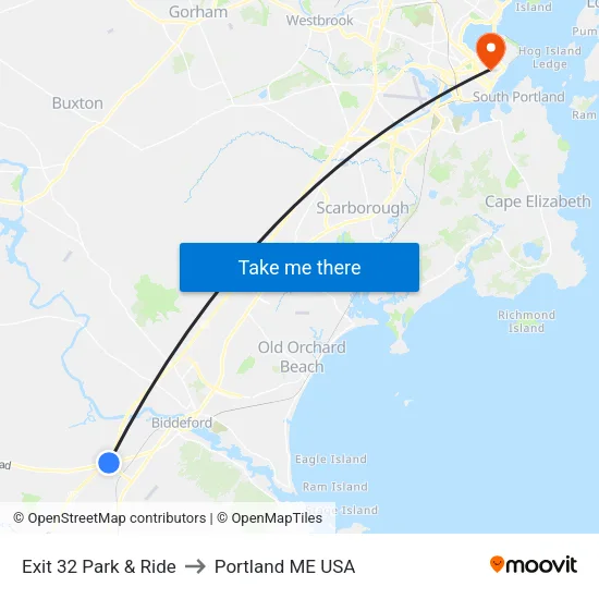Exit 32 Park & Ride to Portland ME USA map