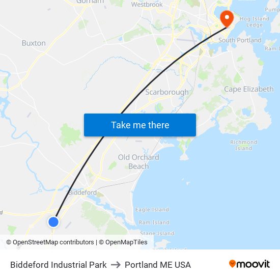 Biddeford Industrial Park to Portland ME USA map